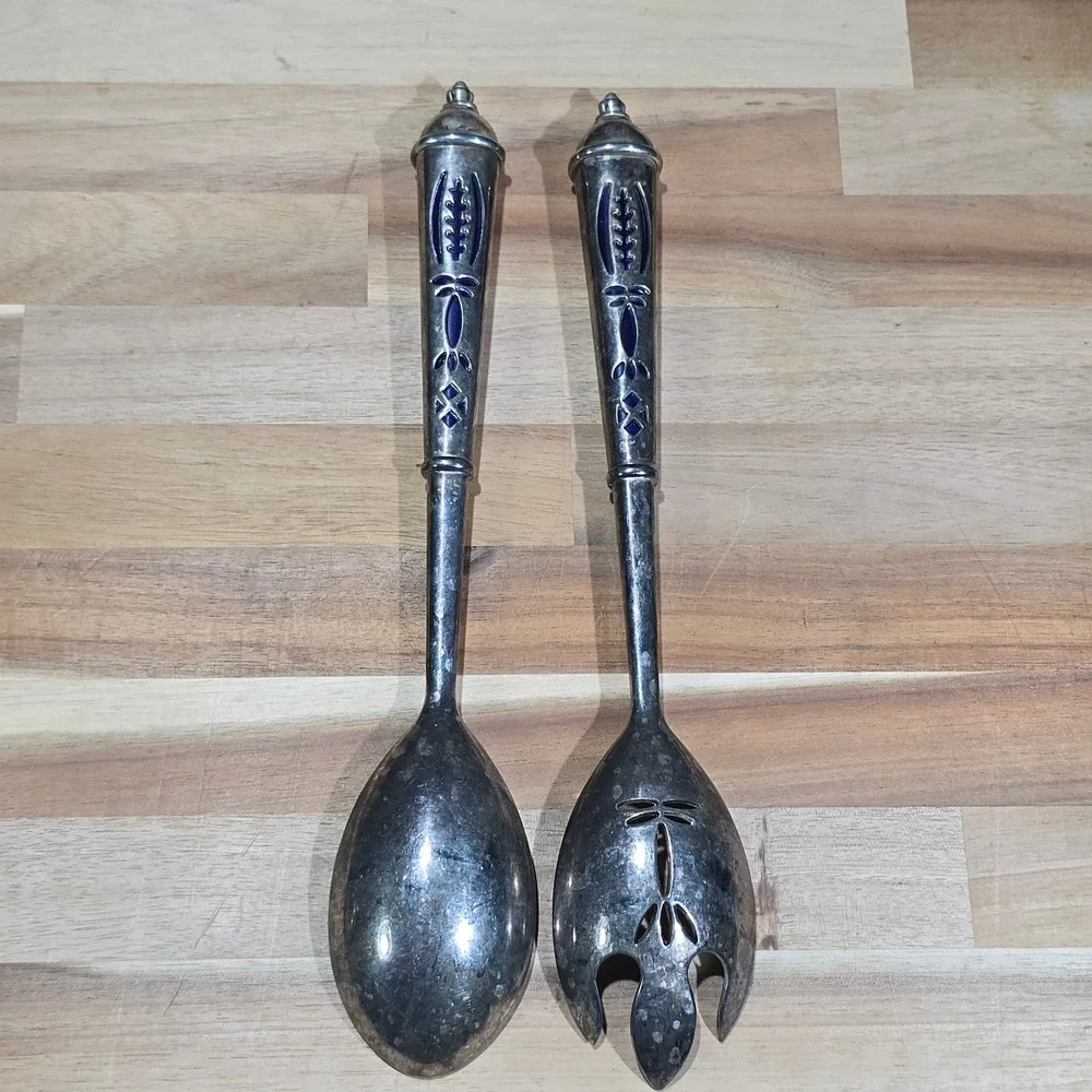 Vintage Silver Plate Blue Guilloche Enamel Salad Servers Set‎ 10.5